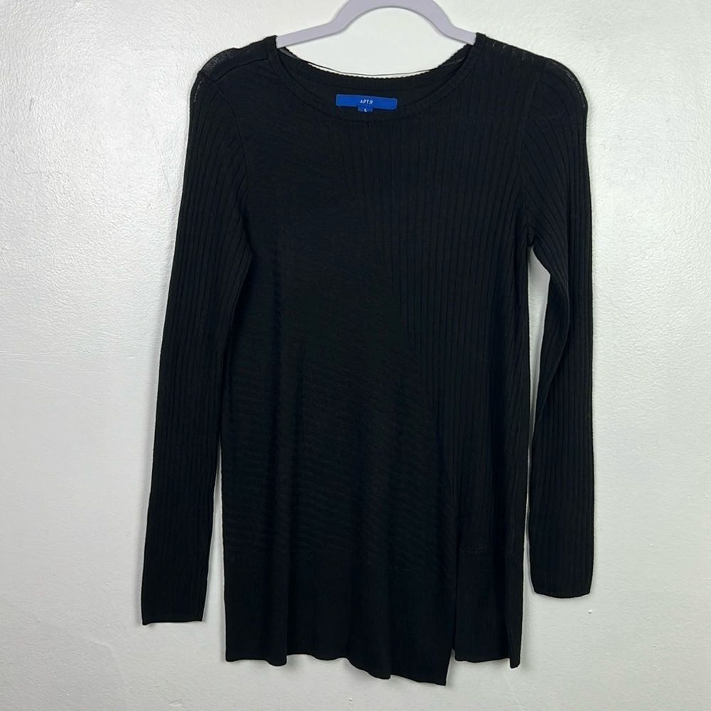 Apt.9 Women’s S Black Stretchy Crewneck‎ Front Ribbed Slit Hem Sweater